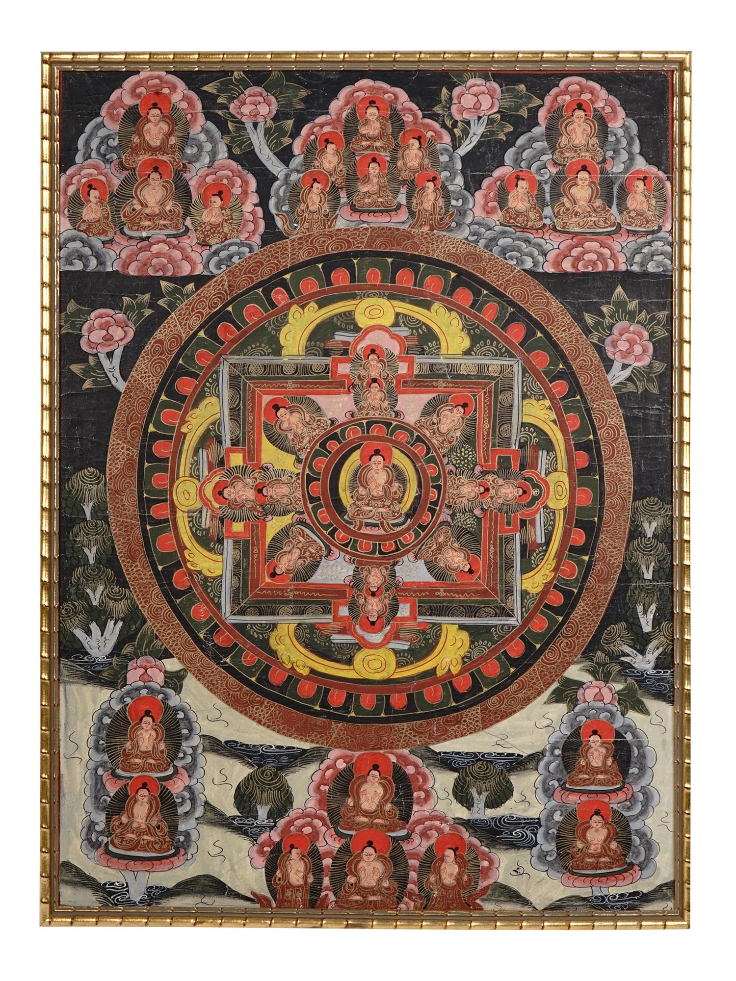 ANTIQUE TIBETAN MANDALA MIXED MEDIA PAINTING